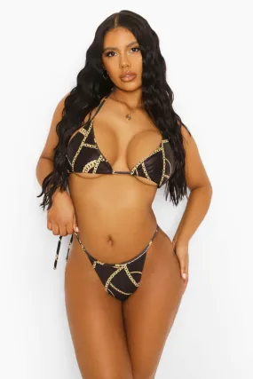 Chain Print Tie Front Triangle Bikini Top