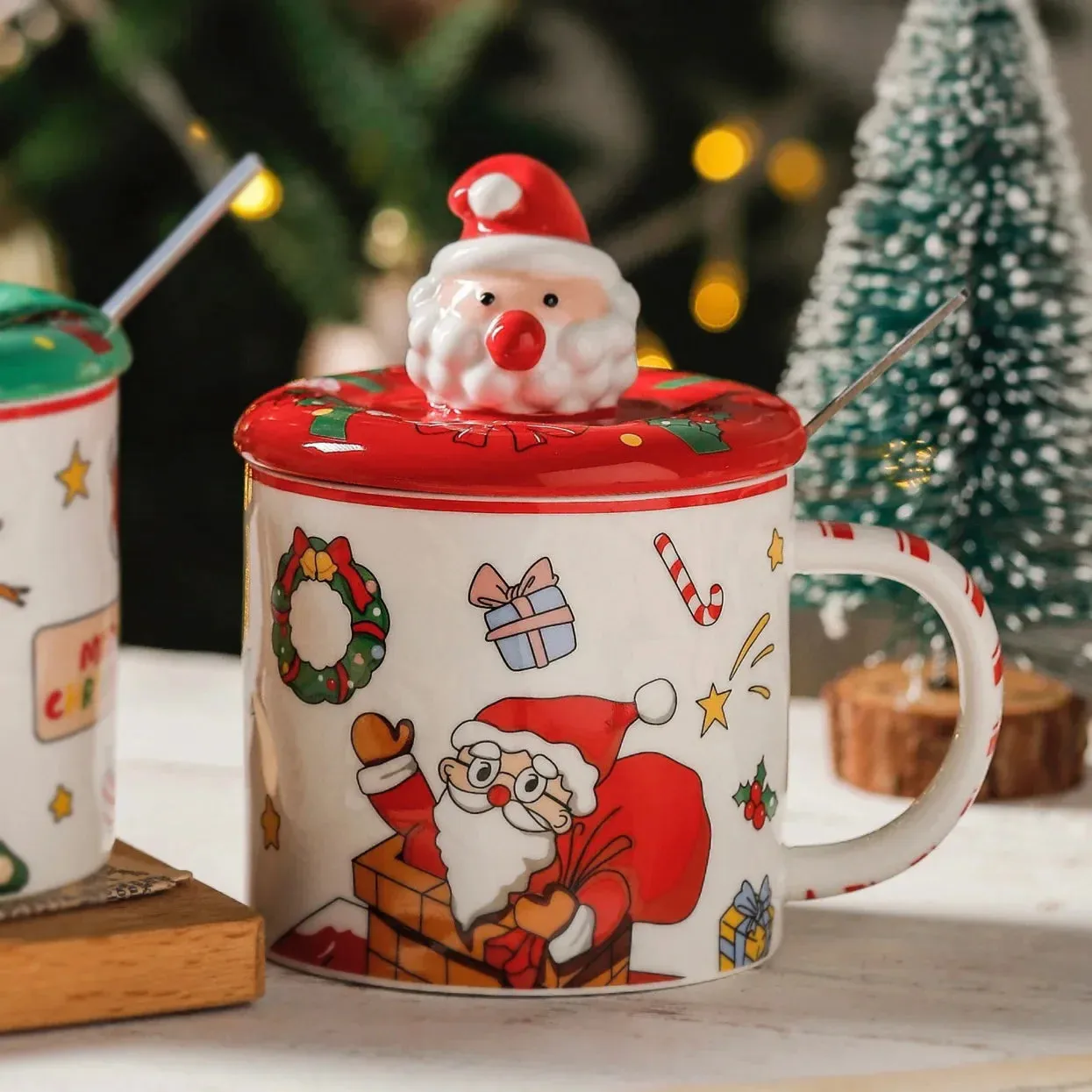 Christmas Mugs Ceramic Santa Claus Coffee Mug with Lid and Spoon Christmas Decoration Office Home Milk Cup New Year Gifts