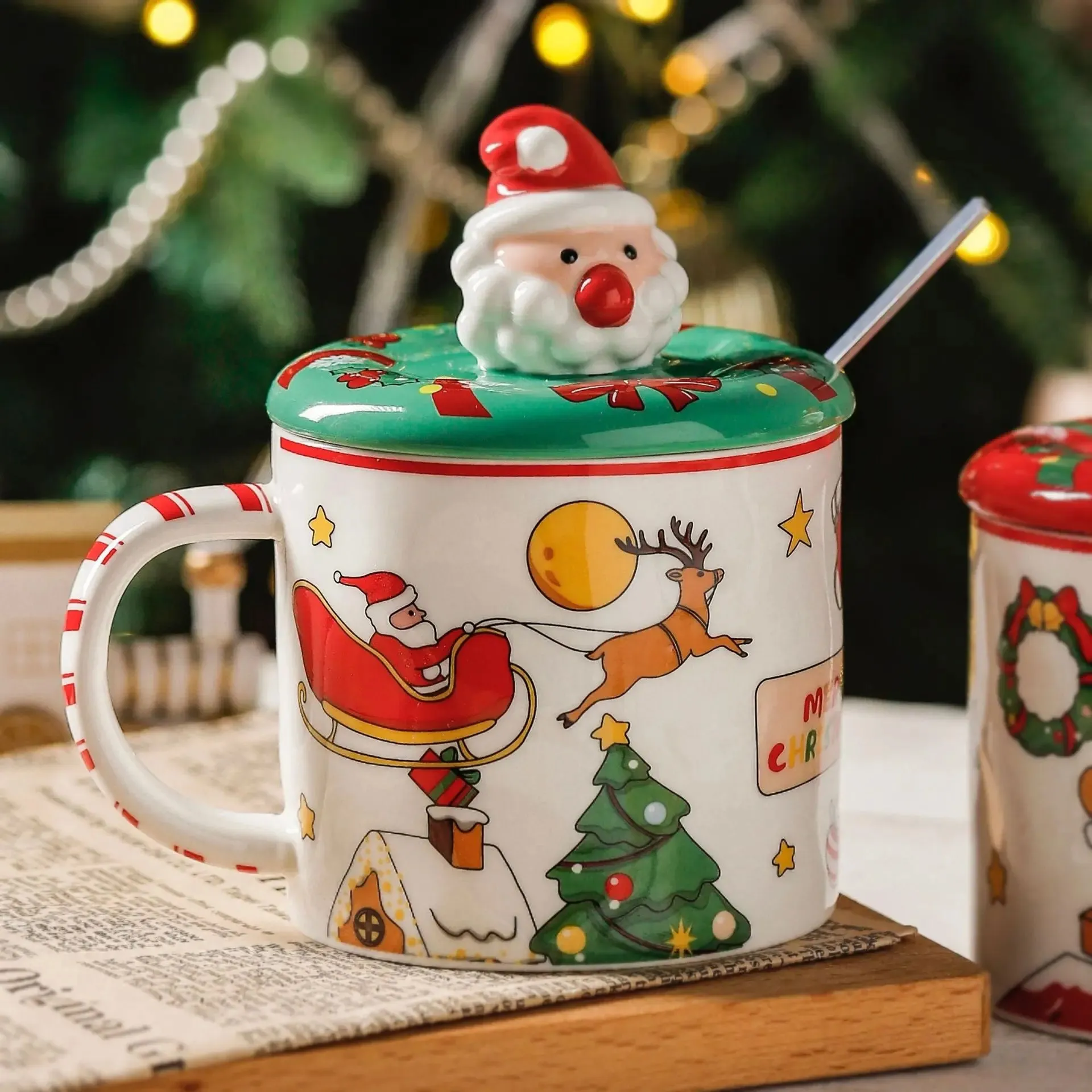 Christmas Mugs Ceramic Santa Claus Coffee Mug with Lid and Spoon Christmas Decoration Office Home Milk Cup New Year Gifts