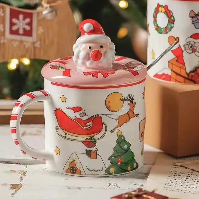 Christmas Mugs Ceramic Santa Claus Coffee Mug with Lid and Spoon Christmas Decoration Office Home Milk Cup New Year Gifts