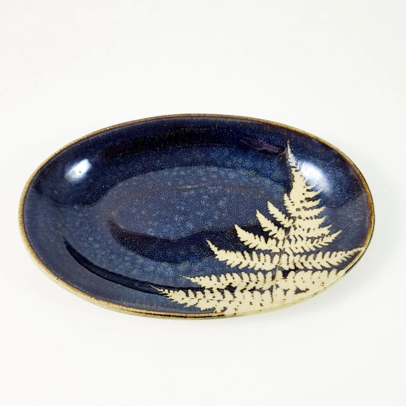 Fern Blue Small Oval Plate by Kaleidoscope Pottery