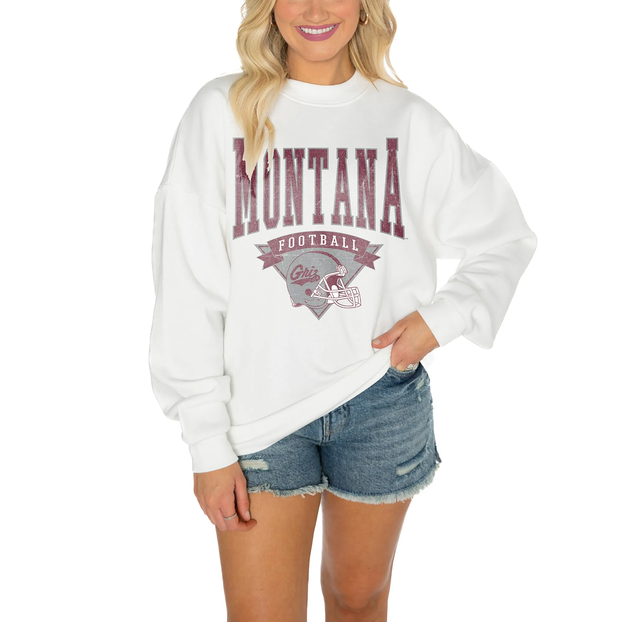 Gameday Couture Montana Grizzlies Women's White Drop Shoulder Fleece Drop Pullover Sweatshirt