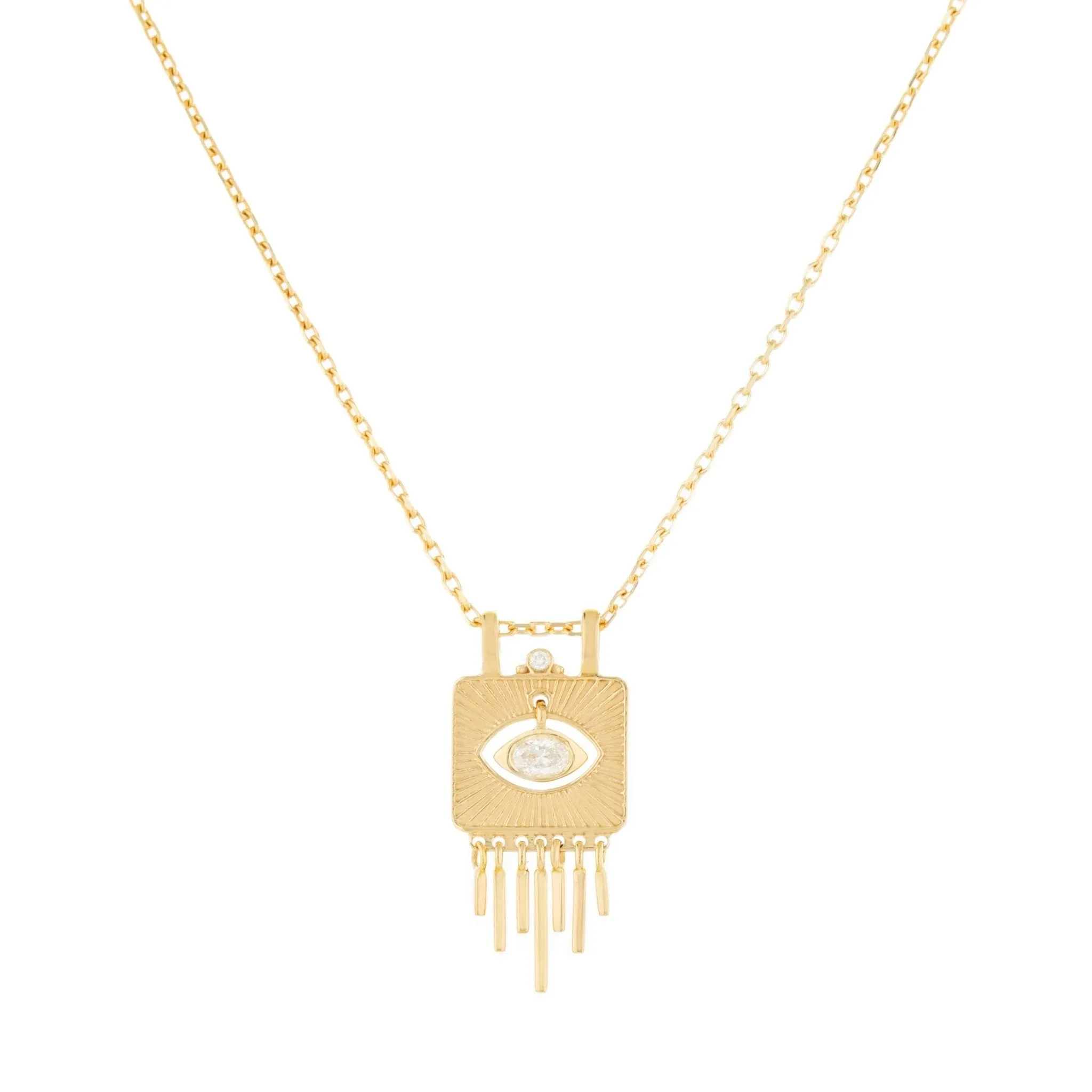 Gold Engraved Plate Necklace with Oval Diamond Eye and Gold Drop Fringes