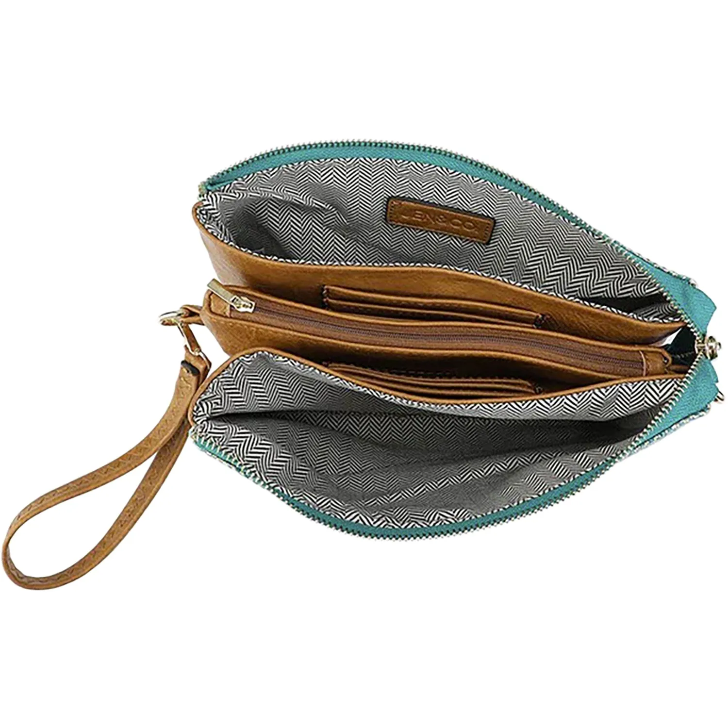 Jen & Co Izzy Arrowhead Crossbody W/Guitar Strap Teal/Tan Synthetic