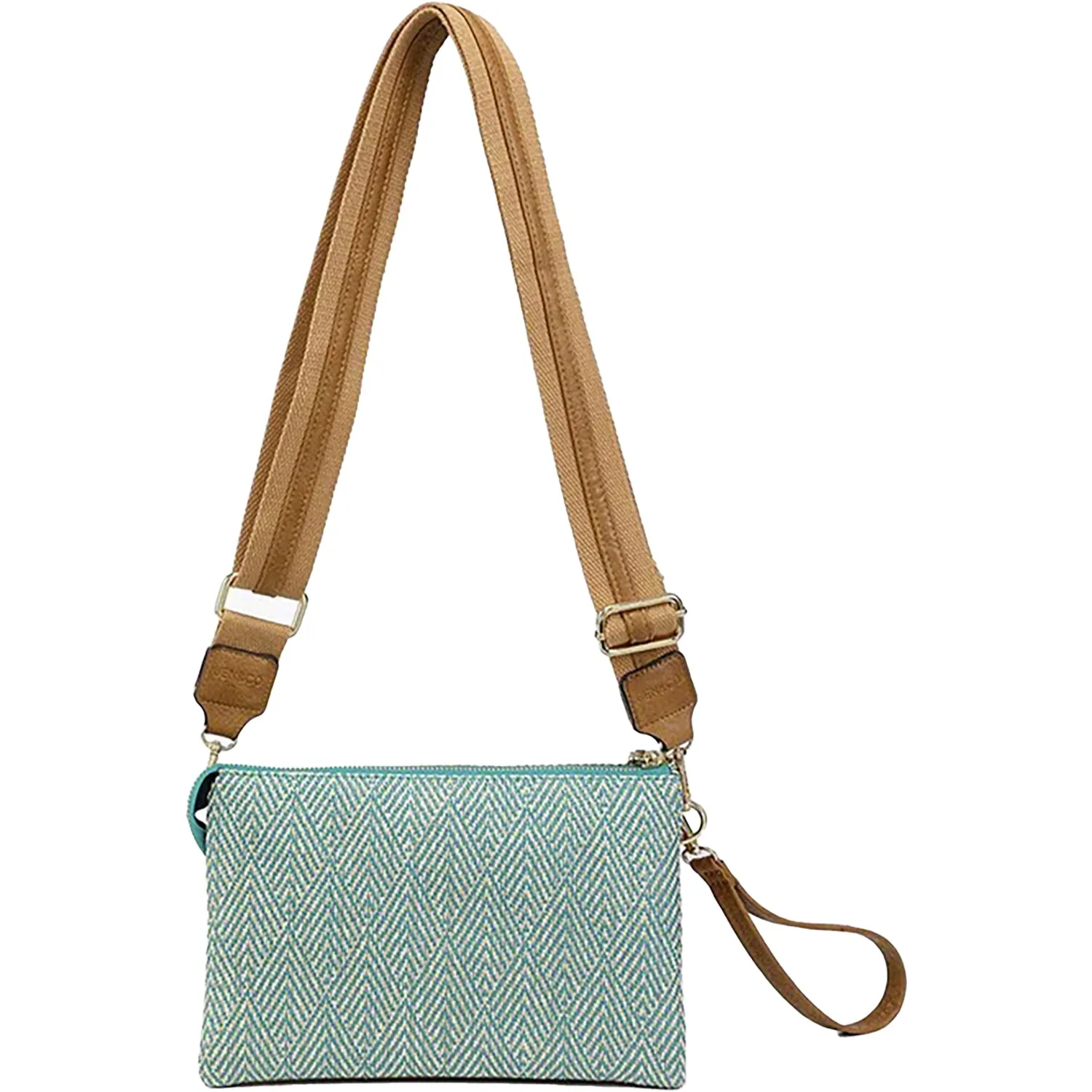 Jen & Co Izzy Arrowhead Crossbody W/Guitar Strap Teal/Tan Synthetic