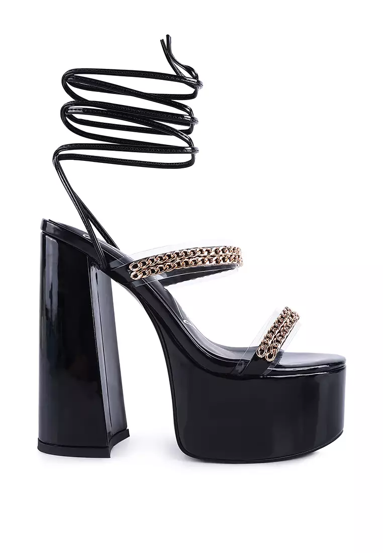 London Rag Black Metal Chain Lace Up Chunky Sandals