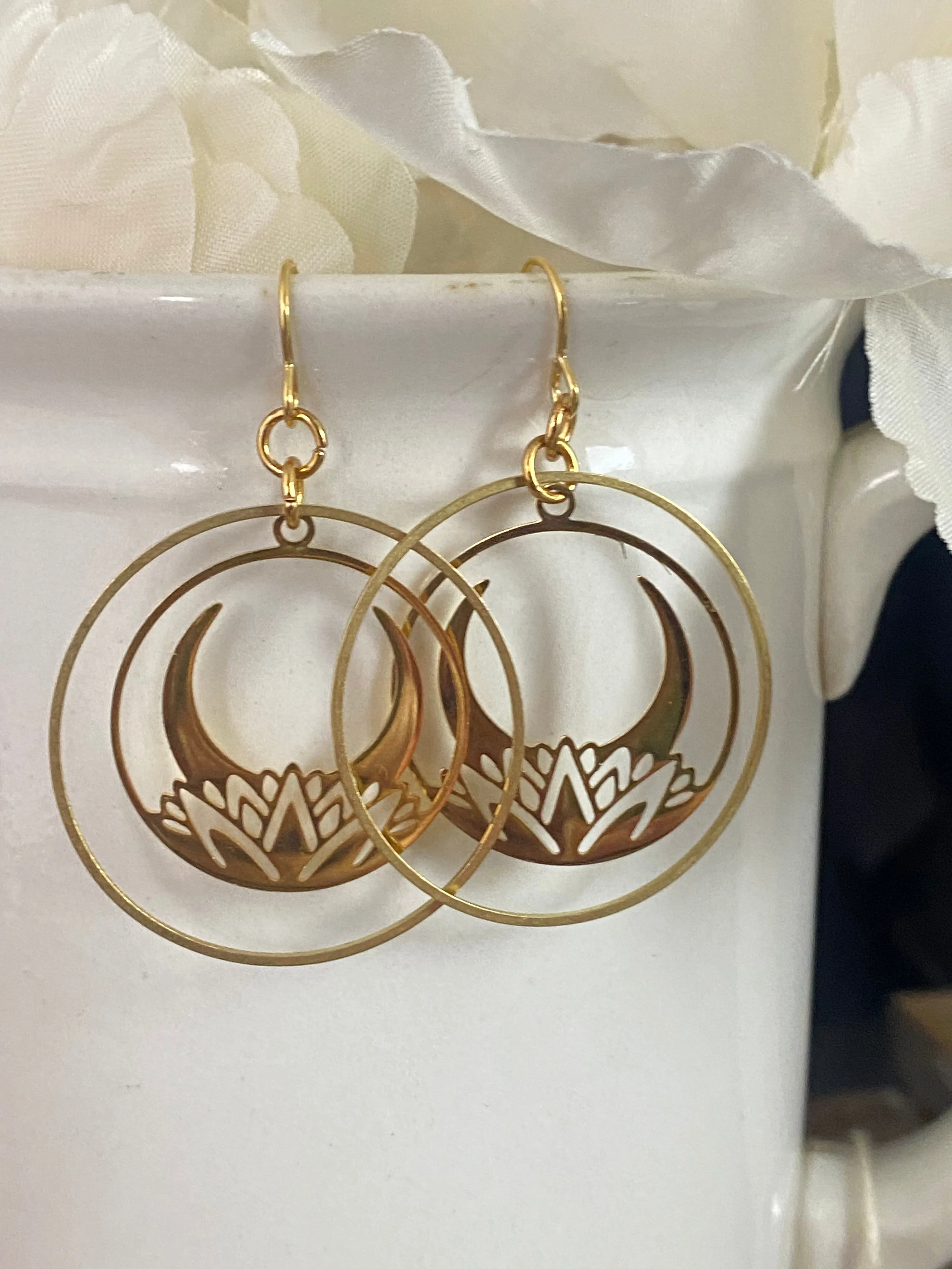 Lotus flower stainless steel with 18 k gold plate, hoop, earrings