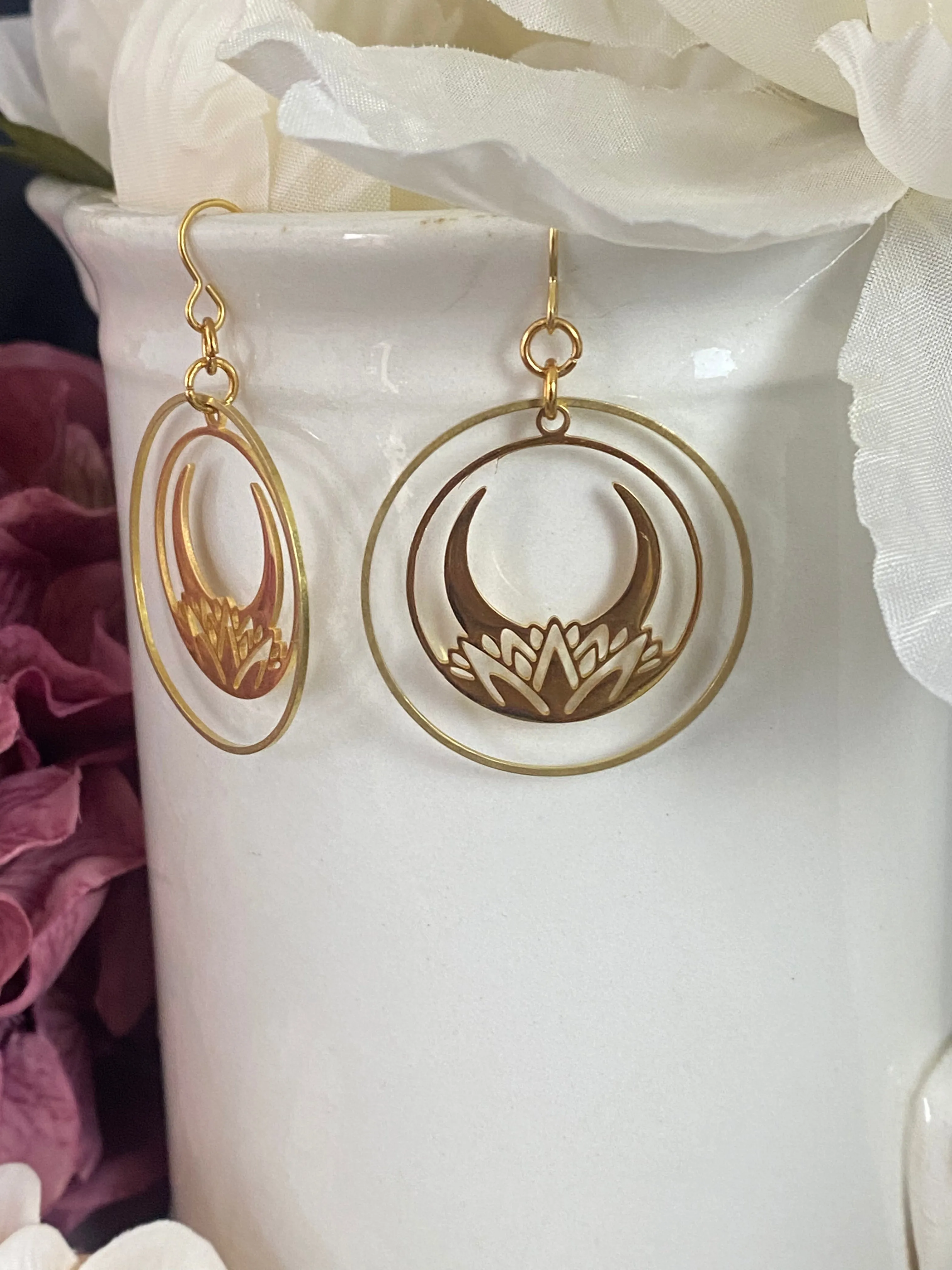 Lotus flower stainless steel with 18 k gold plate, hoop, earrings