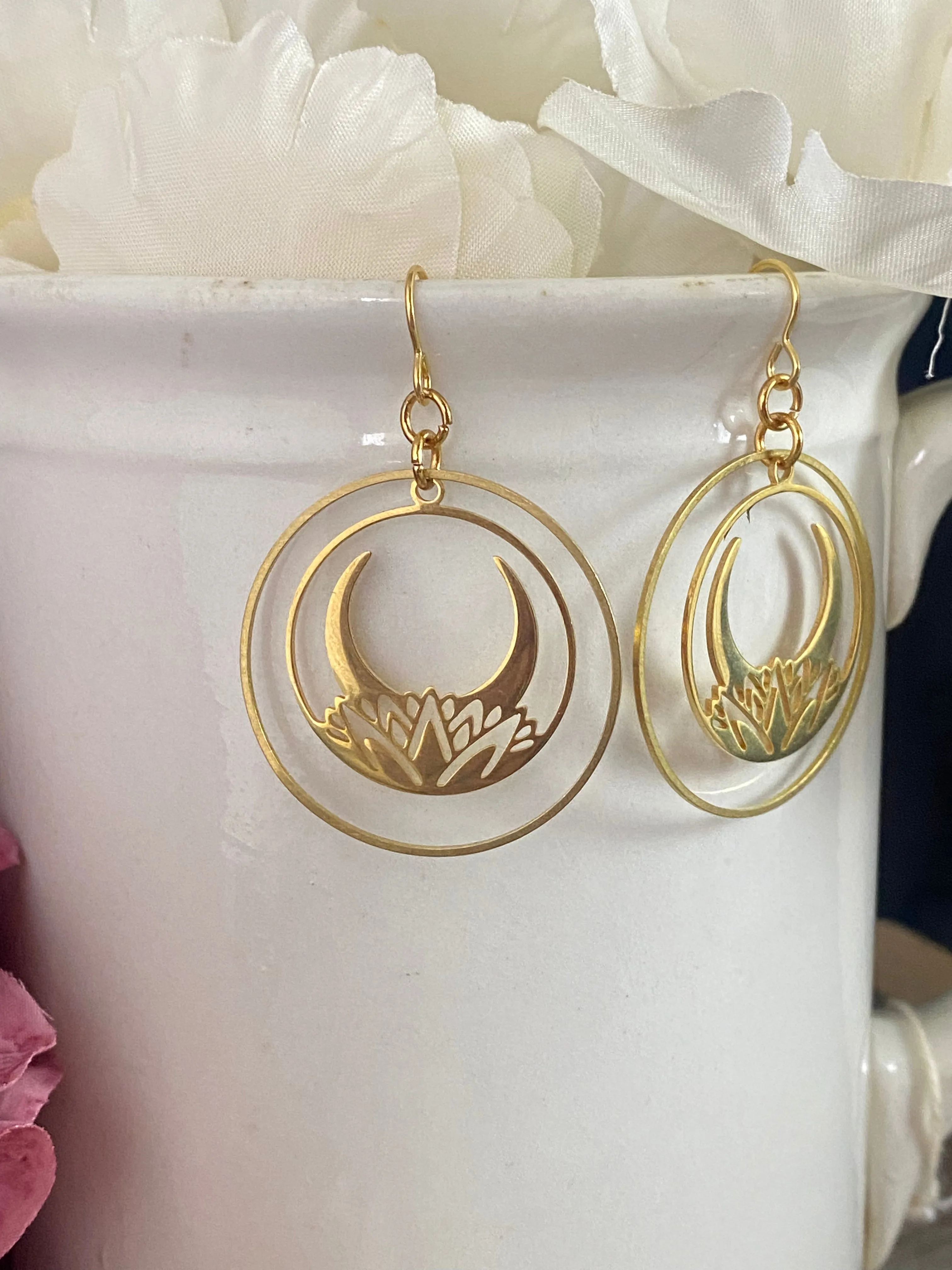 Lotus flower stainless steel with 18 k gold plate, hoop, earrings