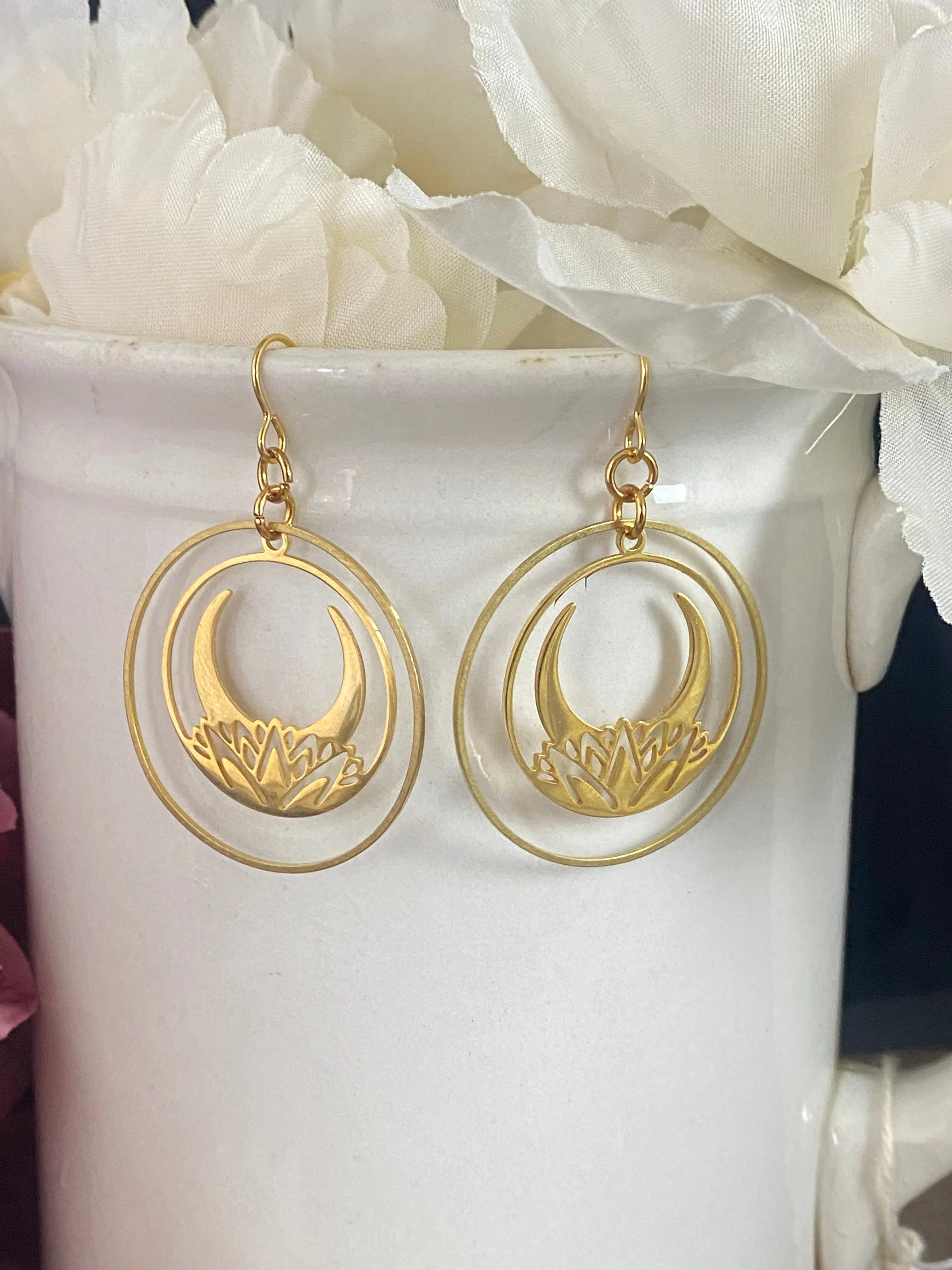 Lotus flower stainless steel with 18 k gold plate, hoop, earrings