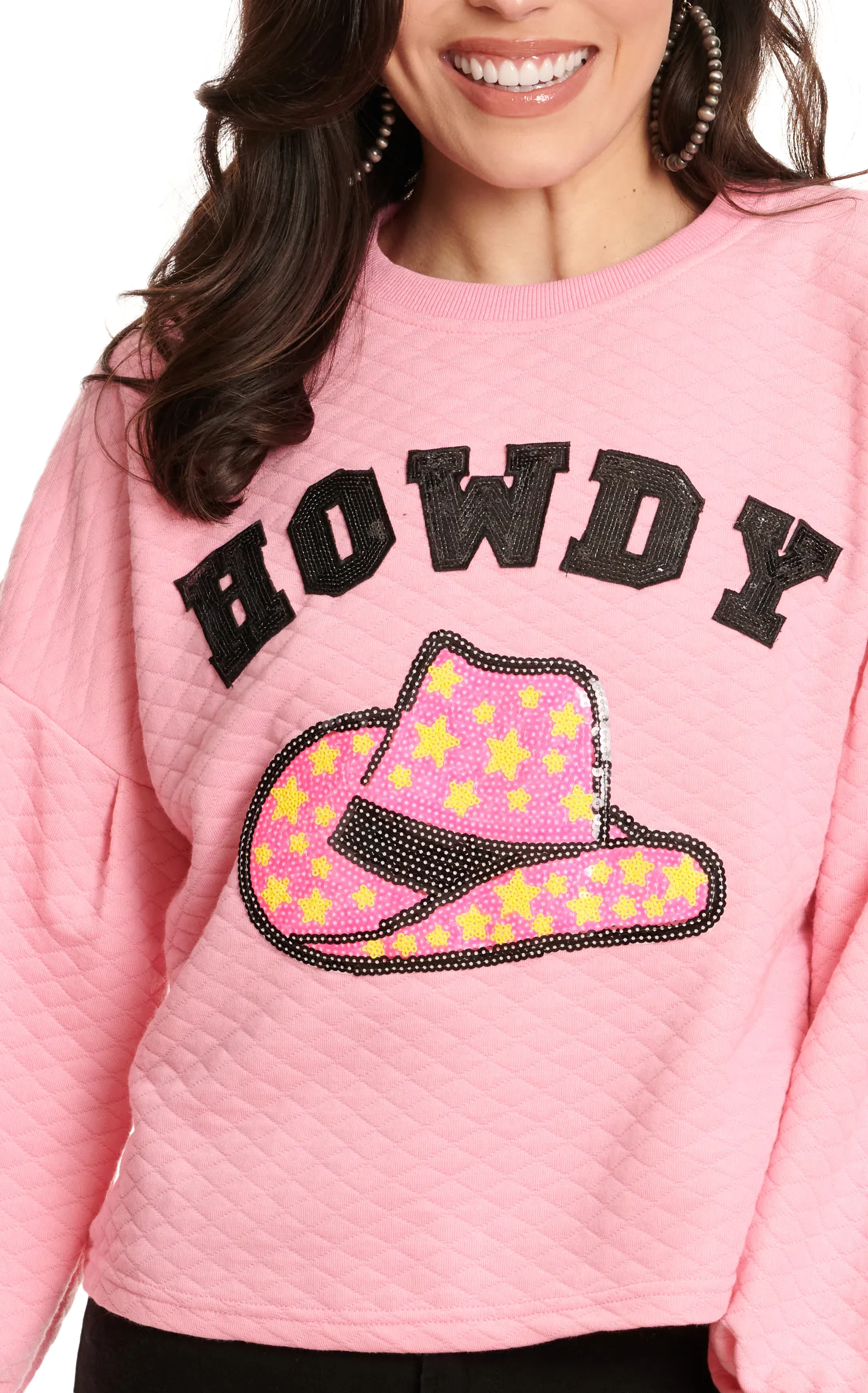 Mainstrip Women's Pink Quilted & Sequined Howdy & Cowgirl Hat Long Sleeve Pullover