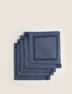 M&S X Fired Earth Set of 4 Pure Cotton Embroidered Napkins - Dark Blue, Green,Ochre,Natural,Dark Blue