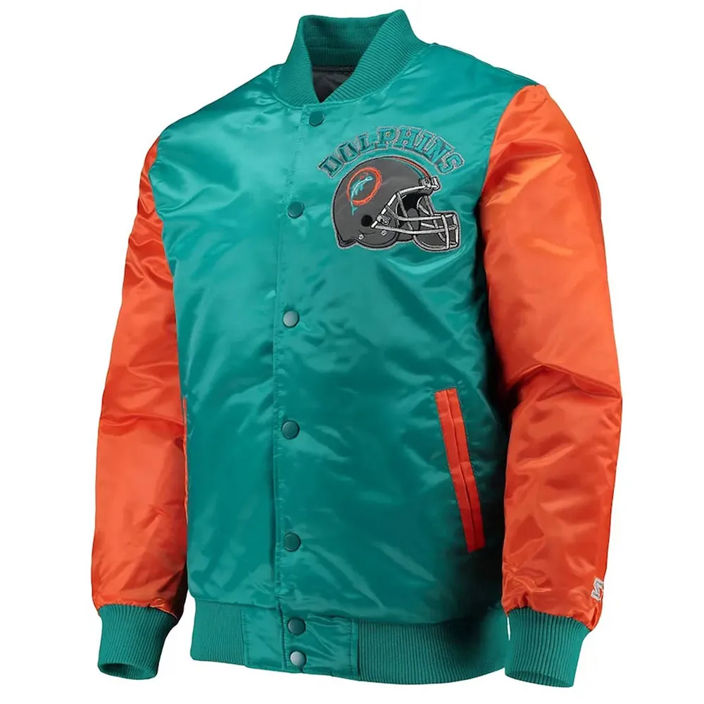 Miami Dolphins Locker Room Throwback Varsity Satin Aqua/Orange Jacket