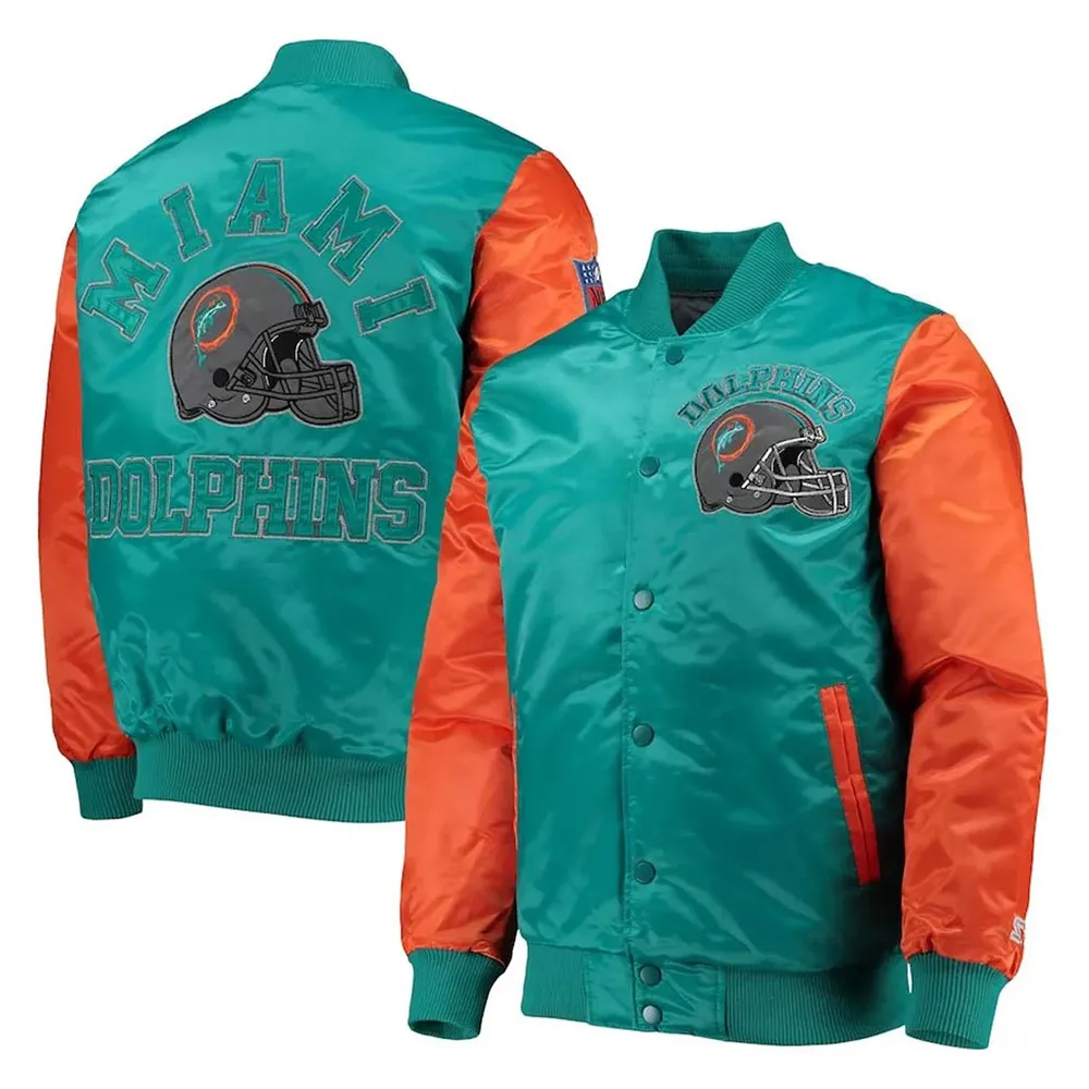 Miami Dolphins Locker Room Throwback Varsity Satin Aqua/Orange Jacket