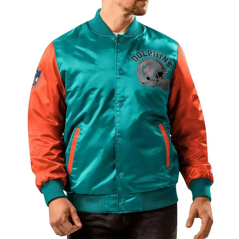 Miami Dolphins Locker Room Throwback Varsity Satin Aqua/Orange Jacket