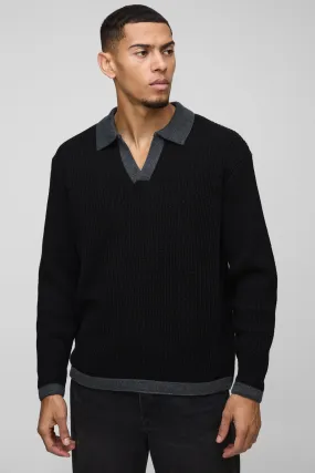 Oversized Boxy Knitted Revere Contrast Polo