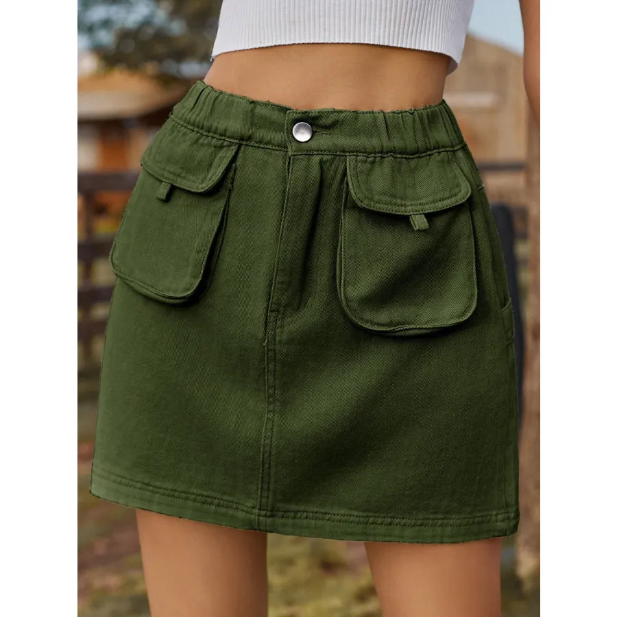 Pocketed Elastic Waist Denim Skirt