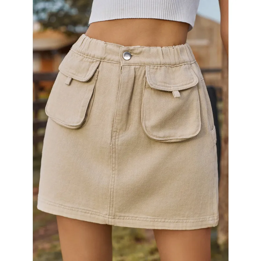 Pocketed Elastic Waist Denim Skirt