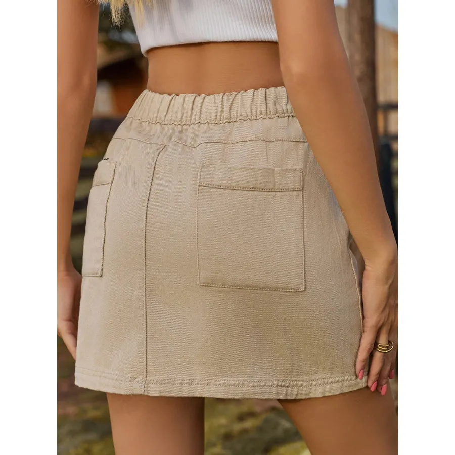 Pocketed Elastic Waist Denim Skirt