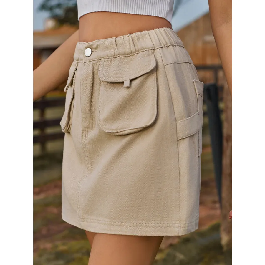 Pocketed Elastic Waist Denim Skirt