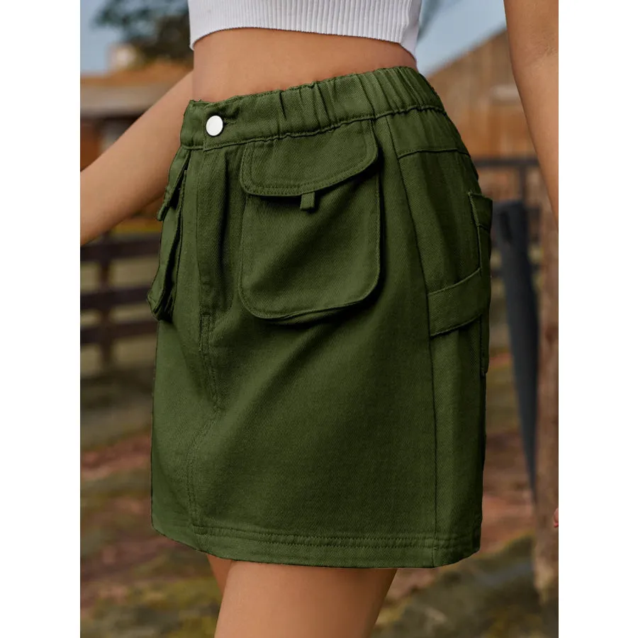 Pocketed Elastic Waist Denim Skirt