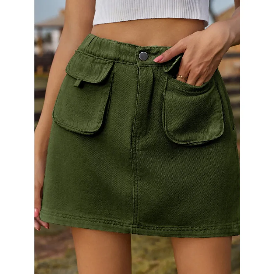 Pocketed Elastic Waist Denim Skirt