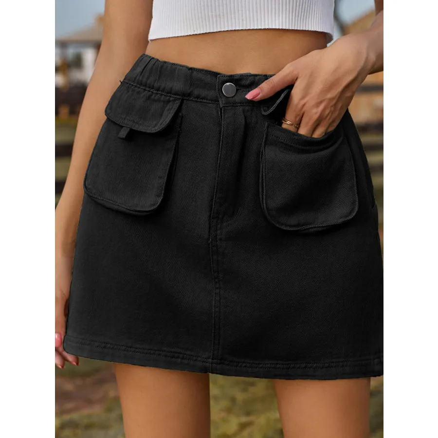 Pocketed Elastic Waist Denim Skirt