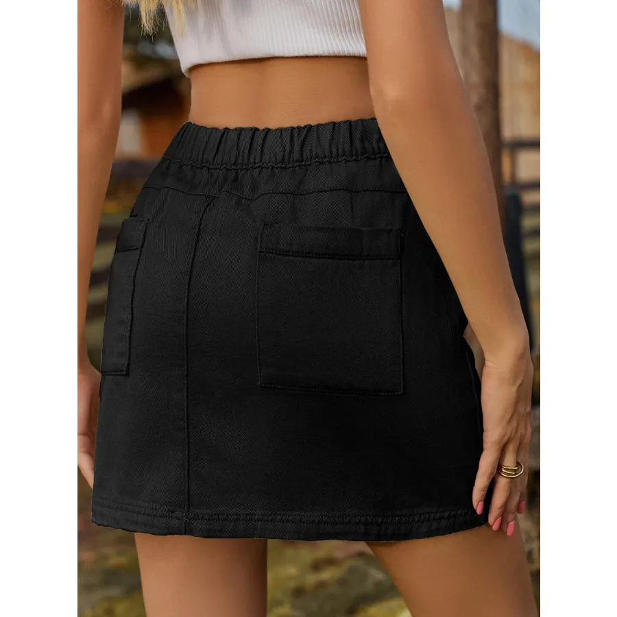 Pocketed Elastic Waist Denim Skirt