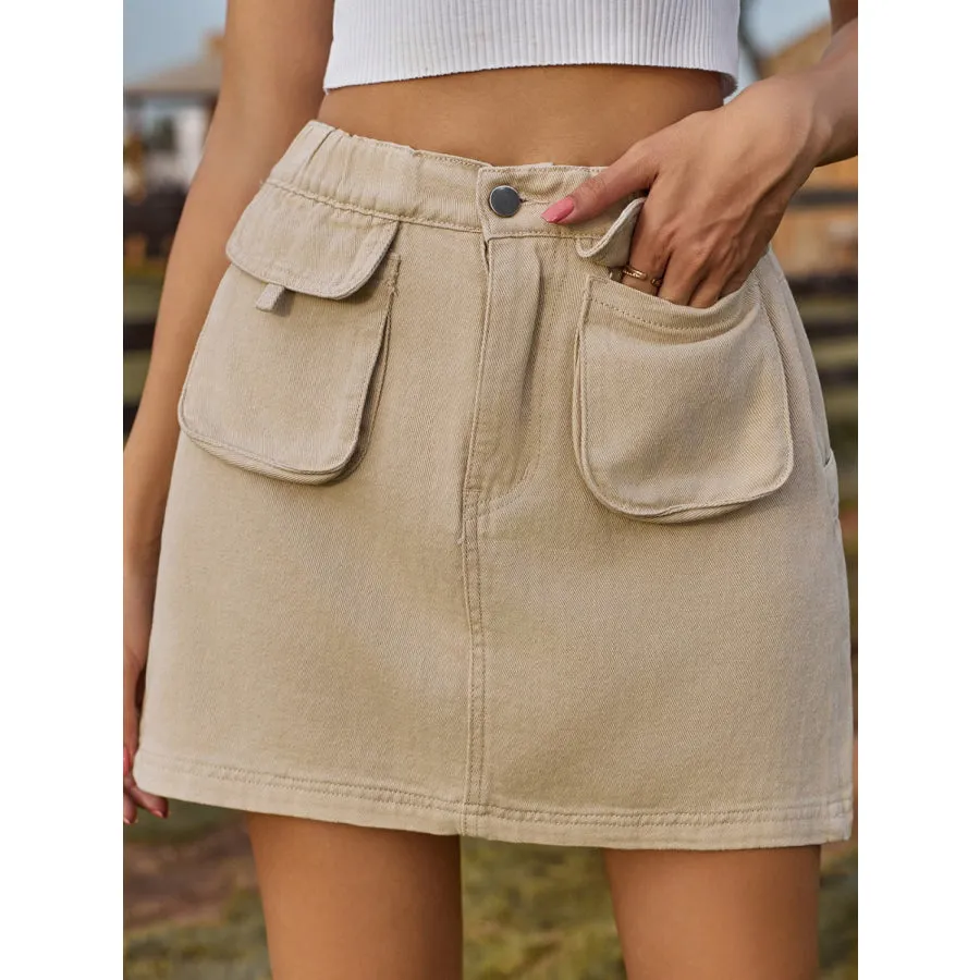 Pocketed Elastic Waist Denim Skirt