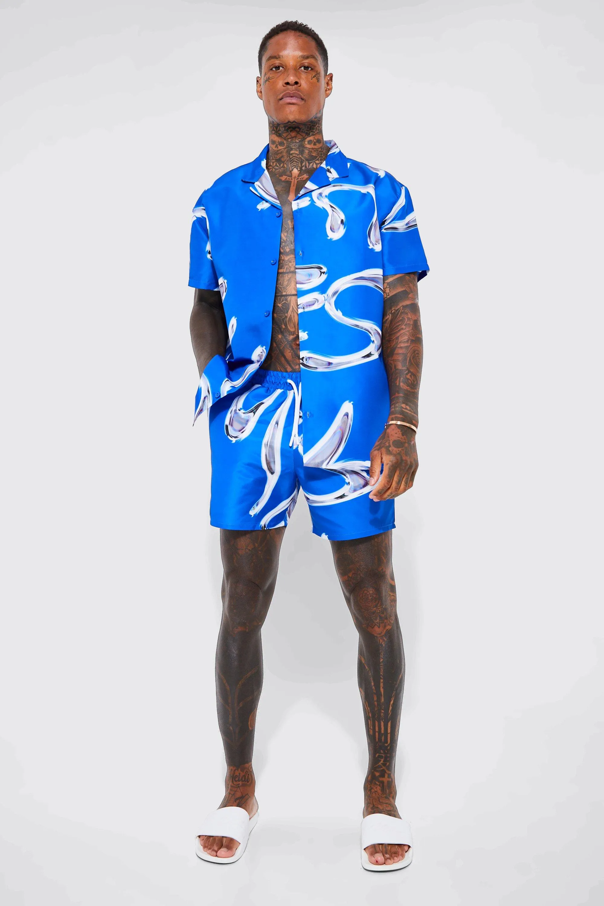 Short Sleeve Metallic Swirl Shirt And Swim Short | boohooMAN UK