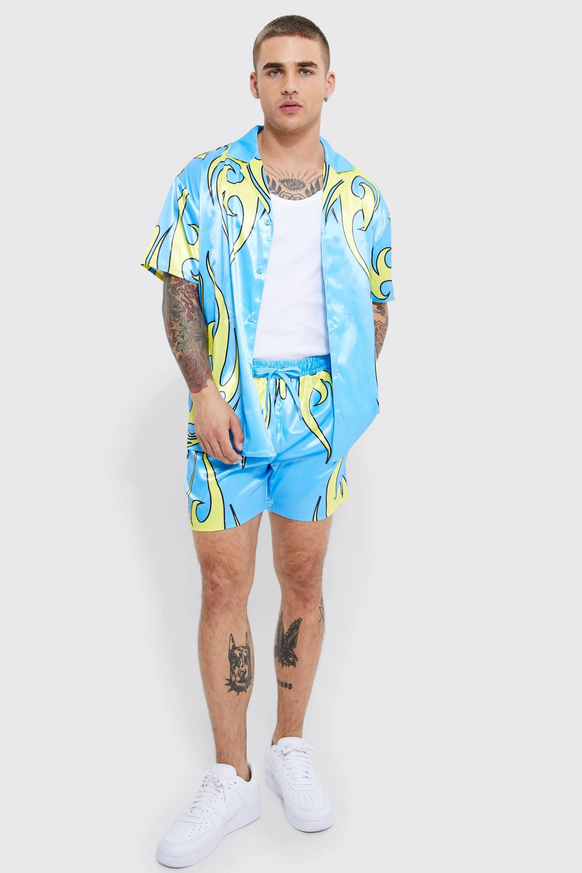 Short Sleeve Oversized Flame Satin Shirt & Short Set | boohooMAN UK