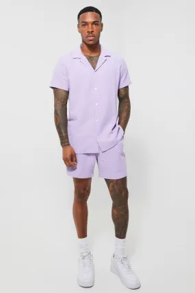 Short Sleeve Revere Linen Stripe Shirt & Short Set | boohooMAN UK