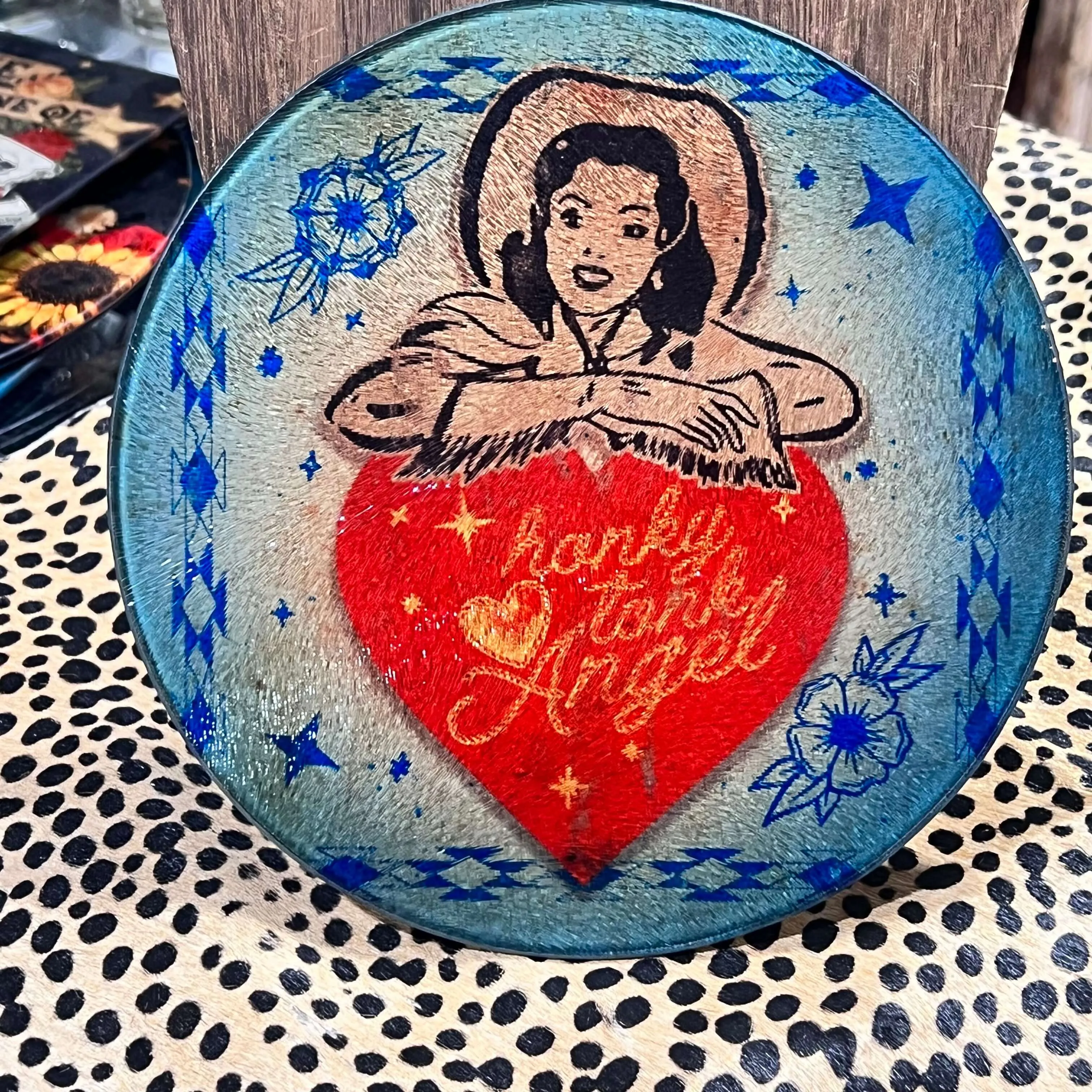 Small Round Honky Tonky Angel Glass Cutting Board