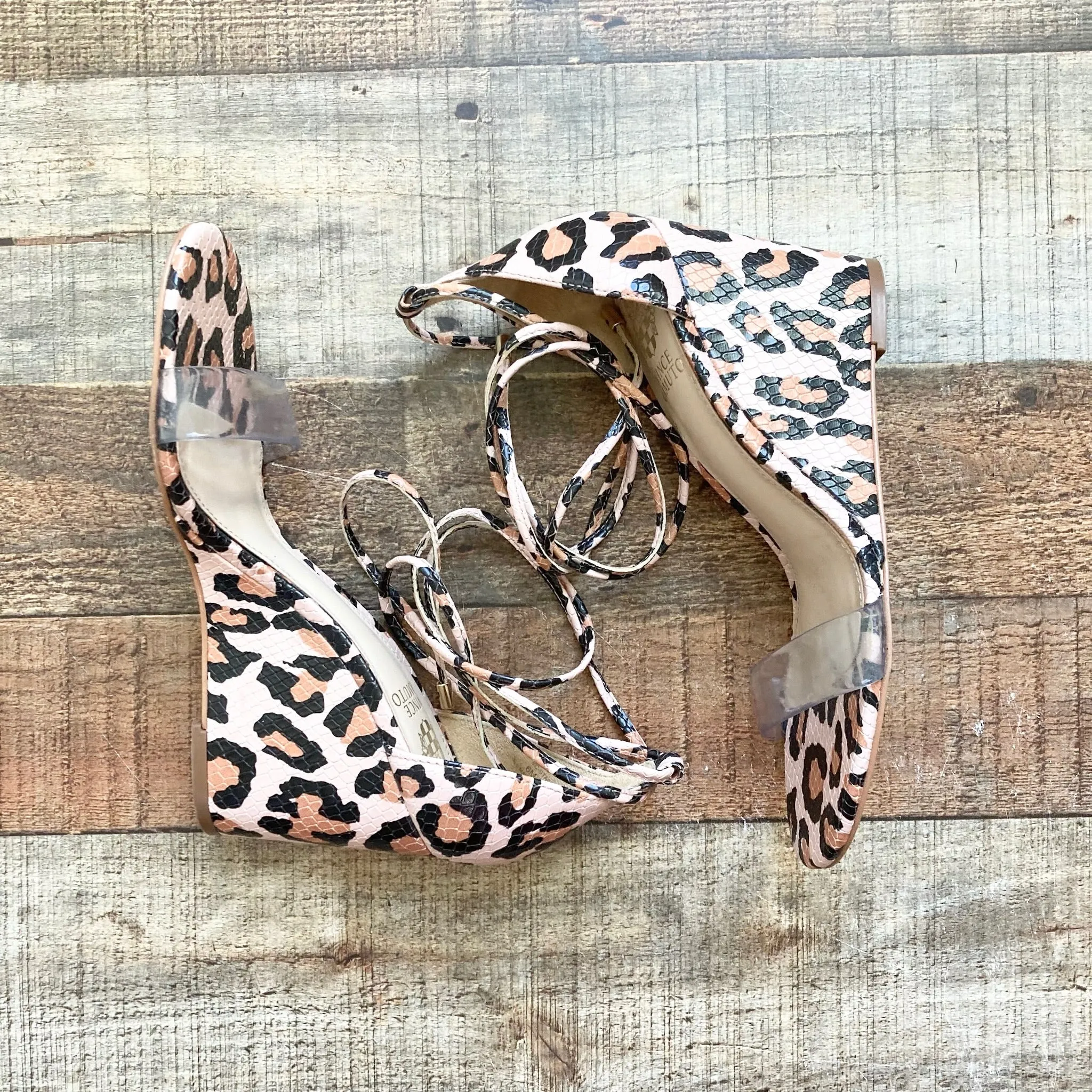 VINCE CAMUTO ANIMAL PRINT LACE UP WEDGE SANDALS- SIZE 6 ( ONLINE)