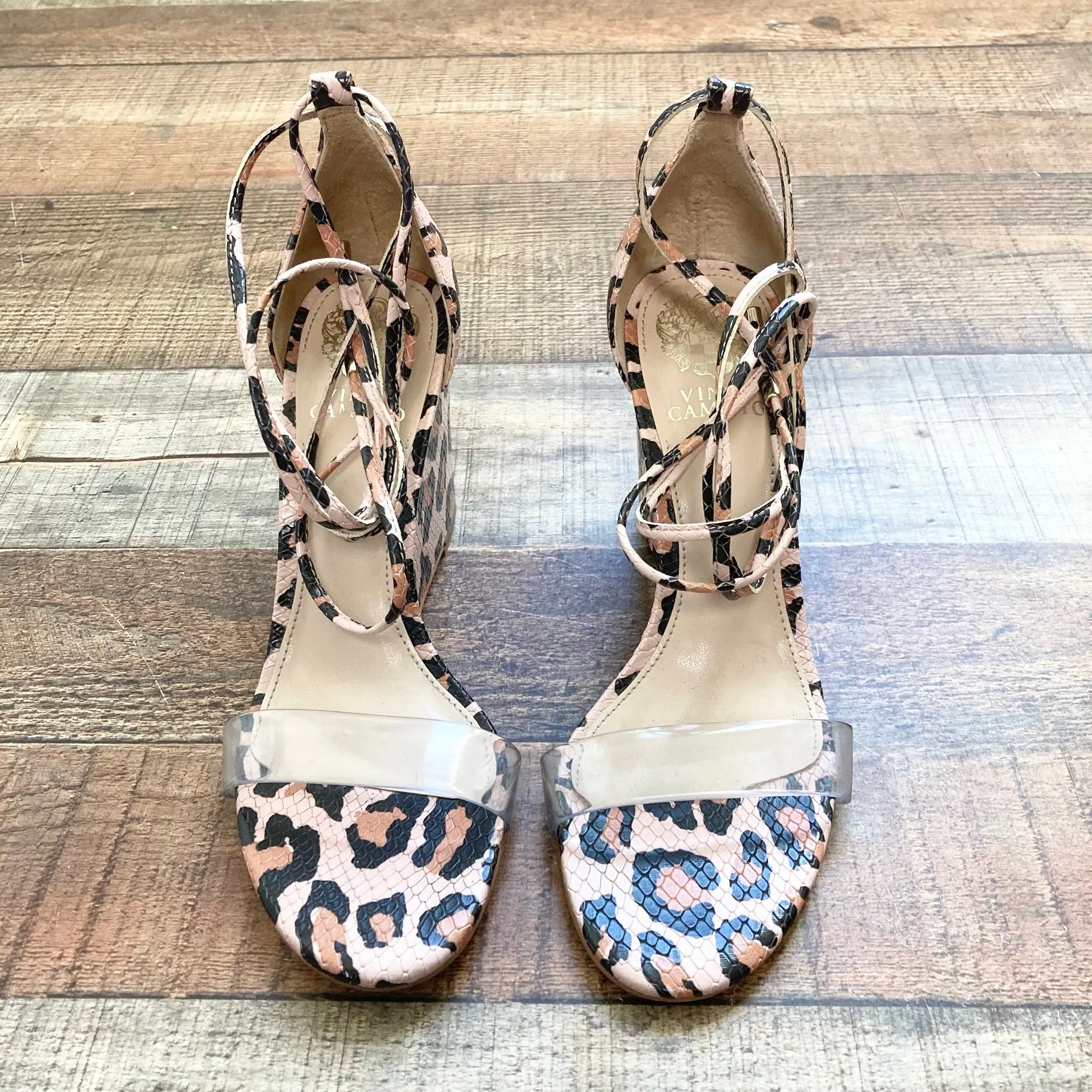 VINCE CAMUTO ANIMAL PRINT LACE UP WEDGE SANDALS- SIZE 6 ( ONLINE)