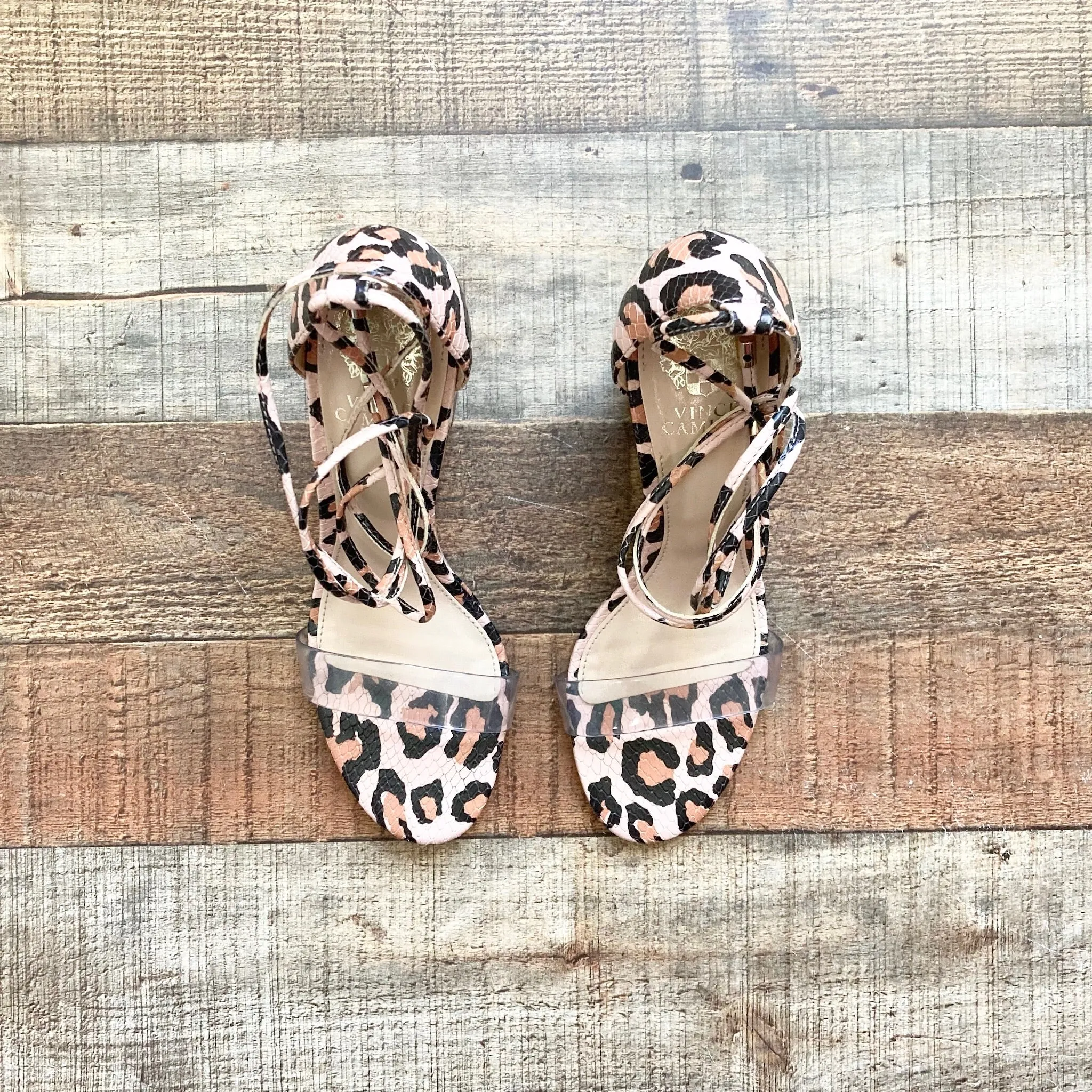 VINCE CAMUTO ANIMAL PRINT LACE UP WEDGE SANDALS- SIZE 6 ( ONLINE)